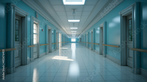 empty hospital corridor with windows on the left and the lights of a sun