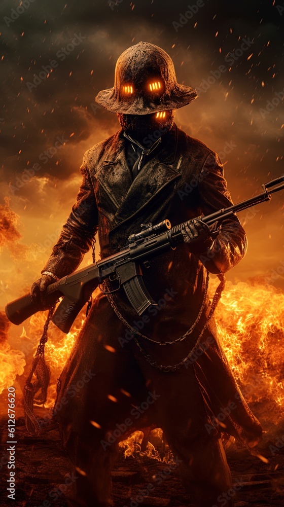 Naklejka premium Spec Ops Hell Warrior Soldier Blow Up Action Scene Weapon, Halloween Jak o Lantern Fighter Exploding Cinematic Blaze, Generative ai