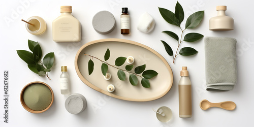 Spa concept with eucalyptus oil and eucalyptus leaf extract natural /organic spa cosmetics products, eco friendly bathroom accessories. 