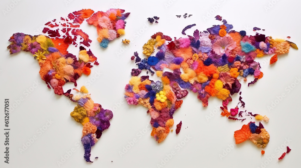 Fototapeta premium World map in flowers background. Generative AI.