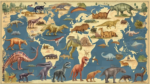 World map dinosaur age background. Generative AI.