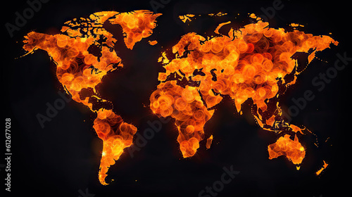World map on fire background. Generative AI.