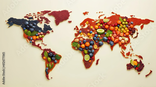 World map in fruits background. Generative AI.