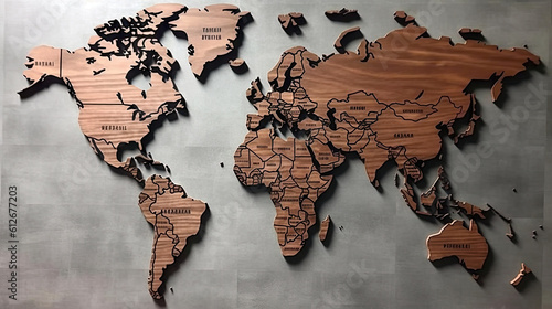 Fototapeta Naklejka Na Ścianę i Meble -  World map wooden background. Generative AI.