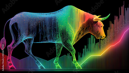 Börsenkurs Index von Dax an der Börse mit Stier und Bulle auf neon Trendline, steigender Kurs Generative AI 