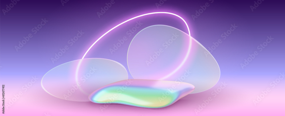 3d holographic glass morphism blur stone podium background. Neon light hologram product display stage room vector mockup. Abstract soft pedestal platform and vibrant y2k gradient showroom illustration 3d holographic glass morphism blur stone podium background. Neon light hologram product display stage room vector mockup. Abstract soft pedestal platform and vibrant y2k gradient showroom illustration