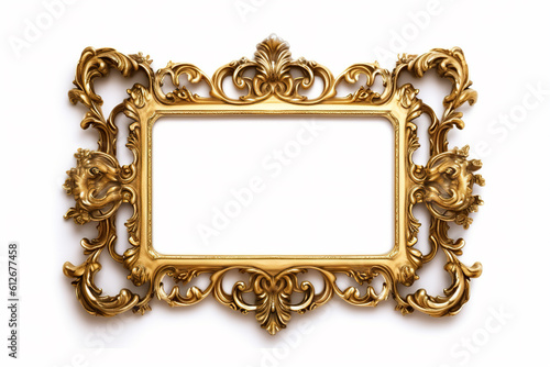 The empty decorative golden frame on white background with empty space for image