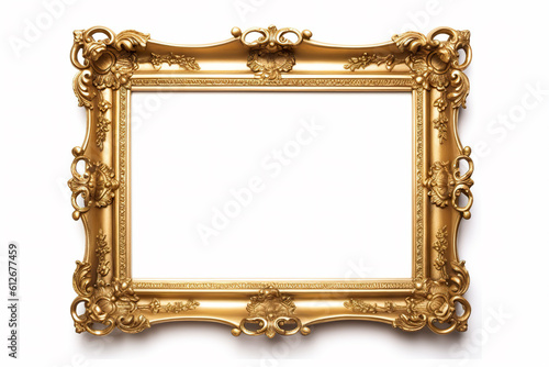 The empty decorative golden frame on white background with empty space for image