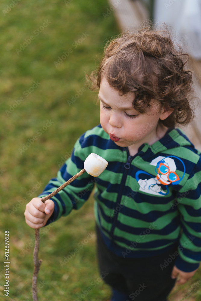 Little boy with marshmallow during bbq party Little boy with marshmallow during bbq party