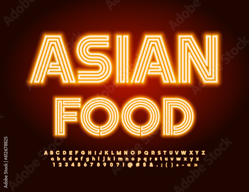 Vector advertising Poster Asian Food.  Modern Neon Font. Bright Electric Alphabet Letters and Numbers set