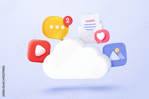 3d media cloud for management multimedia file document. Image and video document folder on digital file, app with data transfer notification icon. 3d cloud storage icon vector render illustration