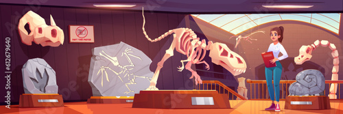 Woman guide in museum with fossil dinosaur cartoon vector. Tyrannosaurus dino skeleton exhibit on pedestal and archaeologist history. Prehistoric gallery interior with jurassic animal skull and bone.