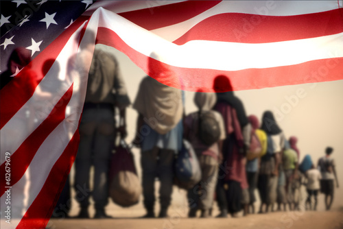 United States flag and a group of migrants at the border