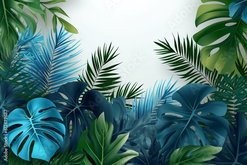 Collection of tropical leaves  foliage plant in blue color with space background