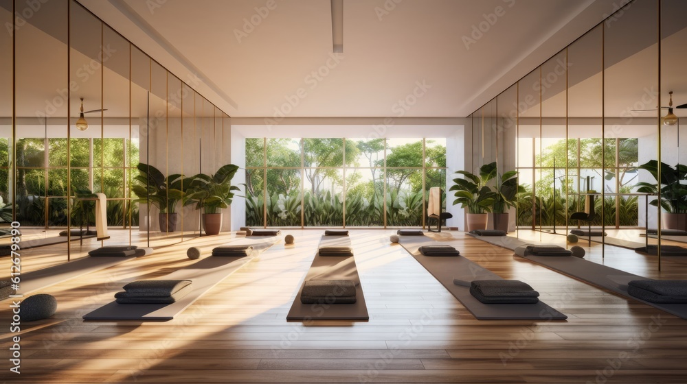 Fototapeta premium Yoga gym with a modern concrete interior. Generative AI
