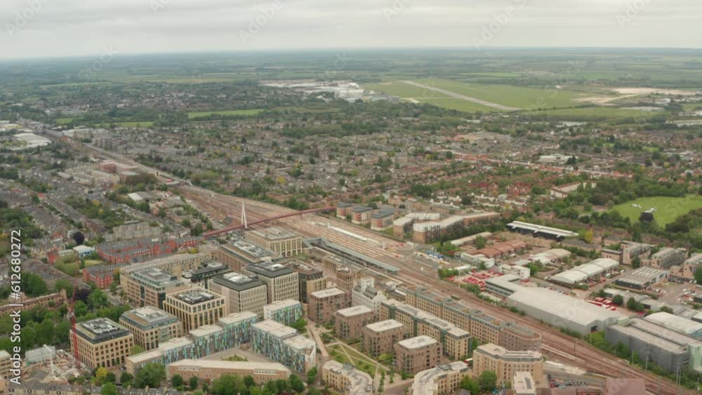 Establishing aerial shot over Cambridge Train station Establishing aerial shot over Cambridge Train station