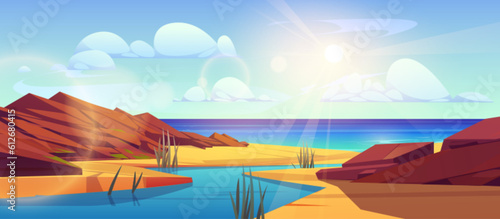 River delta landscape with water flowing into sea. Vector cartoon illustration of rocky stones, grass on sandy coast, bright sun shining in blue sky above seascape. Natural background for travel game © klyaksun
