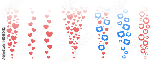 Hearts likes in live stream in social media. Flying up love reactions template on white background. Vector illustration