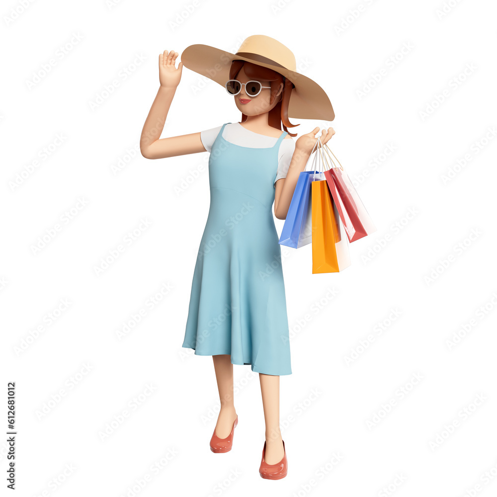 3D human character. woman standing and holding shopping. Isolated white background with clipping path. 3D rendering