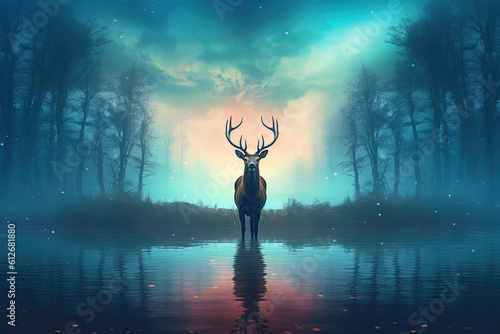 A magical fairy tale forest with deer. A mythical realm is like something out of a storybook © dewaai
