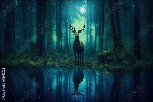 A magical fairy tale forest with deer. A mythical realm is like something out of a storybook © dewaai