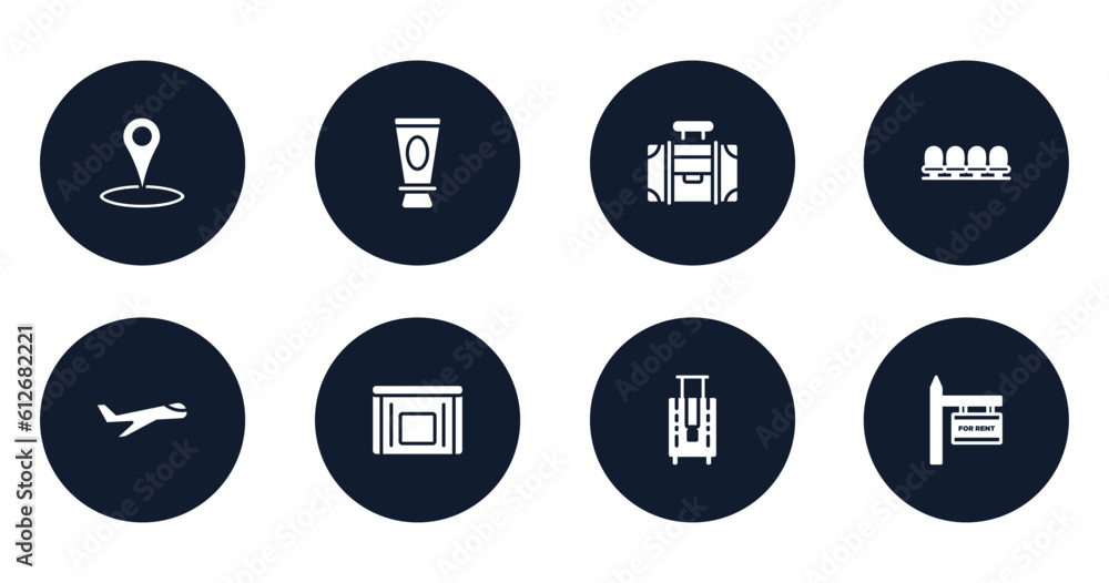 holidays filled icons set. flat filled icons sheet included place point, skin sunscreen, travelling handle bag, waiting room, aviation, sick bag, bag for travel, rent vector.