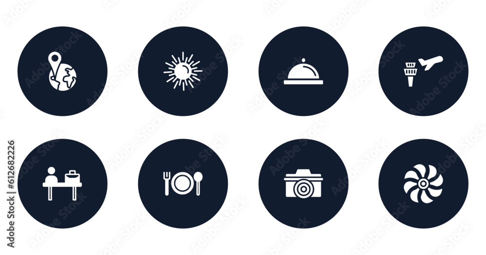 holidays filled icons set. flat filled icons sheet included position, spring sun, covered food plate, airplane and airport tower, check in desk, plate with fork and knife cross, digital camera, holidays filled icons set. flat filled icons sheet included position, spring sun, covered food plate, airplane and airport tower, check in desk, plate with fork and knife cross, digital camera,