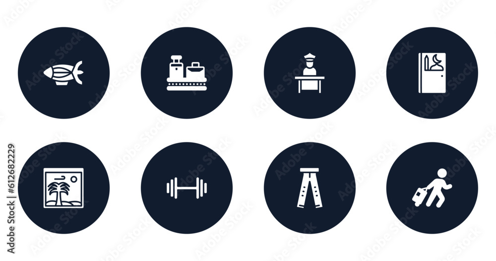 airport filled icons set. flat filled icons sheet included blimp, baggage on conveyor band, airport worker, prayer room, vacation images, gym dumbbell, ripped jeans, traveler at the airport vector.