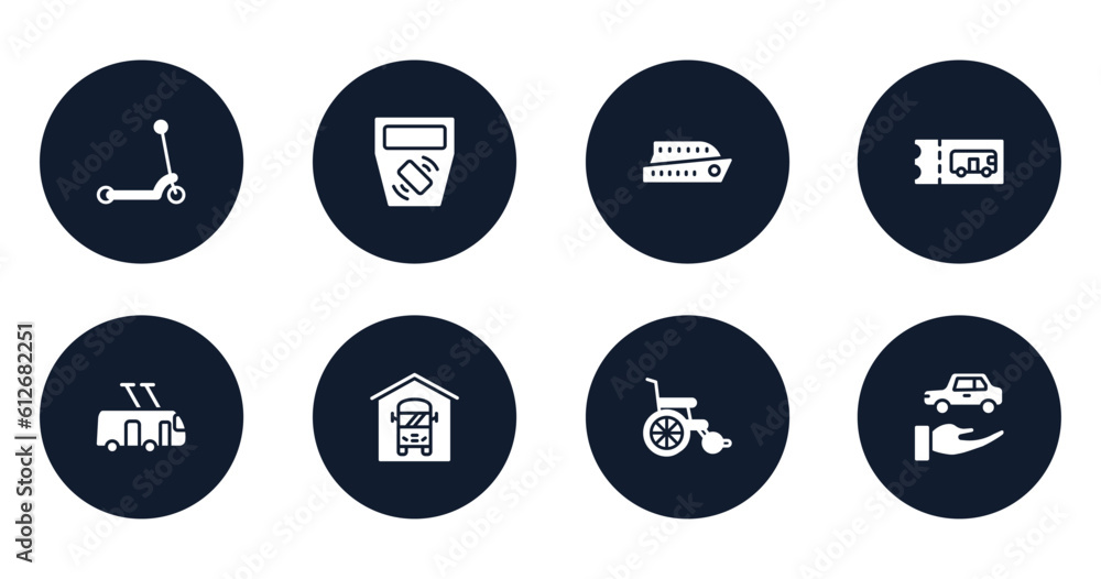 road trip filled icons set. flat filled icons sheet included kick, ticket validator, ferry boat, bus ticket, trolleybus, bus depot, wheel chair, rental car vector.