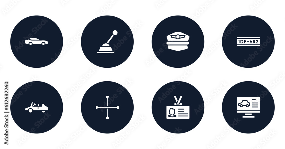 driving school filled icons set. flat filled icons sheet included sportive car, gearshift, pilot hat, license plate, , cross wrench, identity card, computer test vector.
