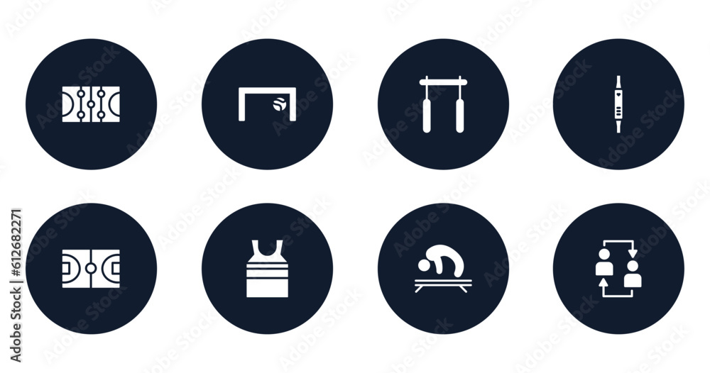 soccer filled icons set. flat filled icons sheet included ice court, football goal, horizontal bar, fitness watch, basketball field, tanktop, gymnastics, substitution vector.