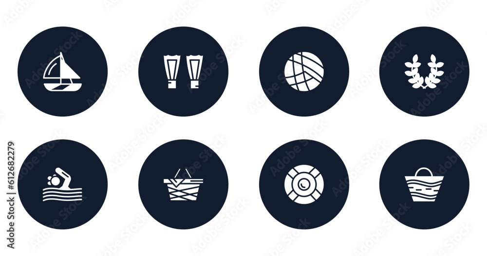 summer filled icons set. flat filled icons sheet included yatch boat, fins, beach volleyball, wreath, swimming person, pinic basket, rubber ring, beach bag vector. summer filled icons set. flat filled icons sheet included yatch boat, fins, beach volleyball, wreath, swimming person, pinic basket, rubber ring, beach bag vector.