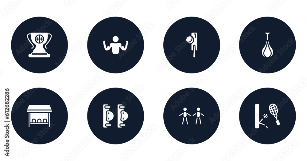sports filled icons set. flat filled icons sheet included champ, bodybuilder, crocket, speed bag, team bench, elbow pads, body mass index, squash vector.