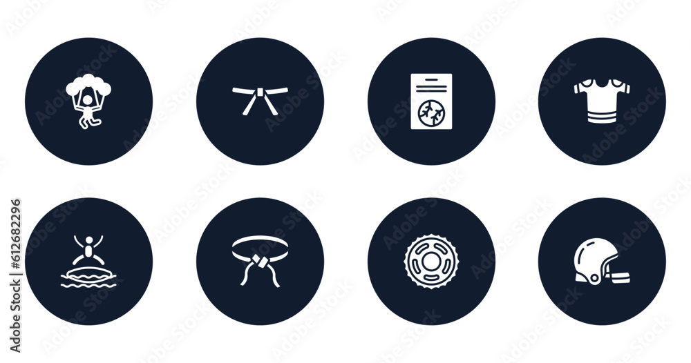 sport filled icons set. flat filled icons sheet included skydiving, black belt, baseball card, t-shirts, blobbing, belts, sprocket, rugby helmet vector. sport filled icons set. flat filled icons sheet included skydiving, black belt, baseball card, t-shirts, blobbing, belts, sprocket, rugby helmet vector.