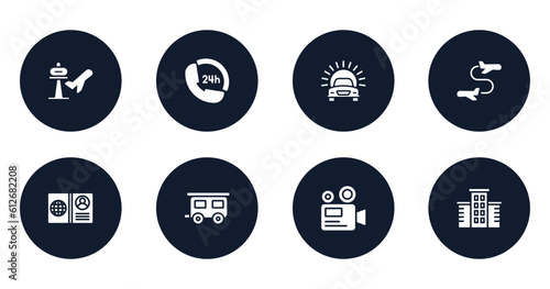 travel fill filled icons set. flat filled icons sheet included airport, 24 hours phone attention service, car in front of the sun, flight transfer, open passport, house trailer, camera recorder,