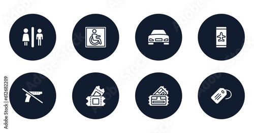 in the frontier filled icons set. flat filled icons sheet included male and female toilet, wheelchair accessible, front car, smartphone airplane mode, no guns, ticket card, pair of cinema tickets,