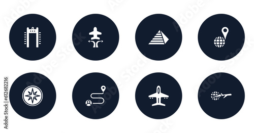 vacation filled icons set. flat filled icons sheet included airport security portal, airplanes and arrows, keops pyramid, geolocated place, compass with cardinal points, journey, plane diagonal,