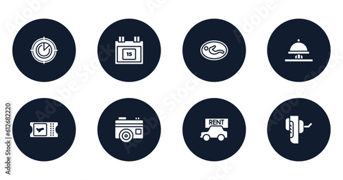 travel accessories filled icons set. flat filled icons sheet included airplanes on radar, calendar day 15, nursing room, hotel bell ringing, boarding card, vintage digital photo camera, rent a car,