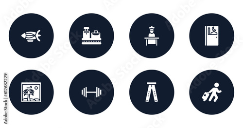 airport filled icons set. flat filled icons sheet included blimp, baggage on conveyor band, airport worker, prayer room, vacation images, gym dumbbell, ripped jeans, traveler at the airport vector.