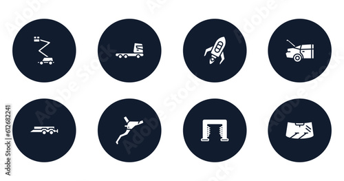 car engine filled icons set. flat filled icons sheet included aerial lift, truck cabin side view, flying rocket, trunk open, car trailer, brakes, carwash hine, windscreen vector.