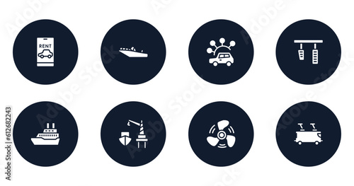 transportation filled icons set. flat filled icons sheet included rent a car, motorboat, carsharing, brake pedal, cruise ship, harbor, ship propeller, tramway vector.