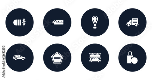 airport filled icons set. flat filled icons sheet included fog lamp, monorail, hot air, mini truck, station wagon, do not enter, double decker bus, final call vector.