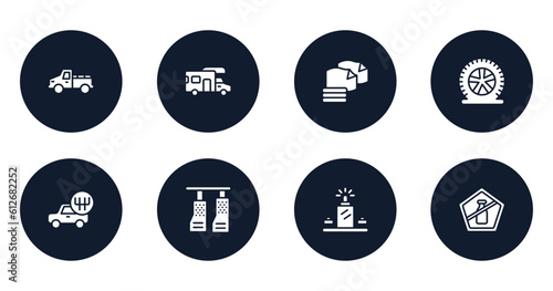 airport filled icons set. flat filled icons sheet included pickup car, rv, microfiber, flat tire, shift, car pedals, luggage scan, no liquid vector.