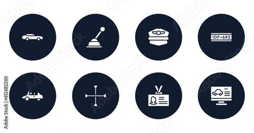 driving school filled icons set. flat filled icons sheet included sportive car, gearshift, pilot hat, license plate, , cross wrench, identity card, computer test vector. photo