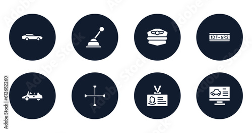 driving school filled icons set. flat filled icons sheet included sportive car, gearshift, pilot hat, license plate, , cross wrench, identity card, computer test vector.
