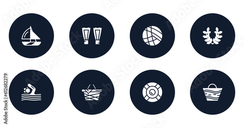 summer filled icons set. flat filled icons sheet included yatch boat, fins, beach volleyball, wreath, swimming person, pinic basket, rubber ring, beach bag vector.