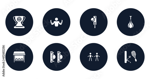 sports filled icons set. flat filled icons sheet included champ, bodybuilder, crocket, speed bag, team bench, elbow pads, body mass index, squash vector.
