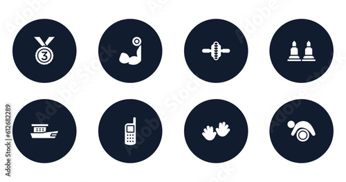 gym filled icons set. flat filled icons sheet included bronze, biceps curl, electric unicycle, munition, fishing boat, variometer, hand, pilates vector.