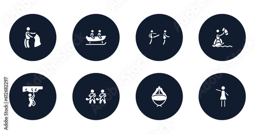 motor sports filled icons set. flat filled icons sheet included bullfight, bobsledding, disciple, kitesurfing, rappel, home team, asian hat, hostess vector.