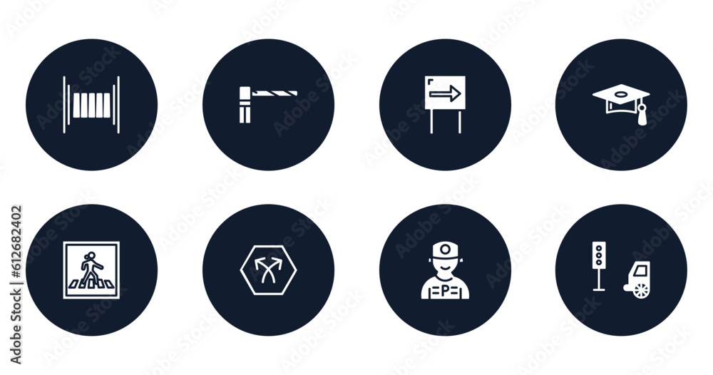 signals set filled icons set. flat filled icons sheet included zebra crossing, parking barrier, one way, graduate cap, pedestrian crossing, bifurcation, parking worker, car traffic vector. signals set filled icons set. flat filled icons sheet included zebra crossing, parking barrier, one way, graduate cap, pedestrian crossing, bifurcation, parking worker, car traffic vector.